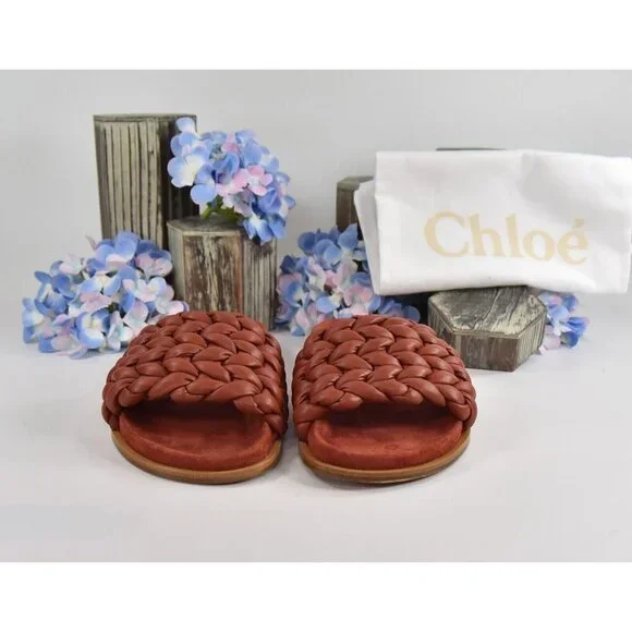 Chloe Terracotta Brown Leather Kacey Woven Flat Mules Slides Sz 37 NIB - Picture 6 of 11